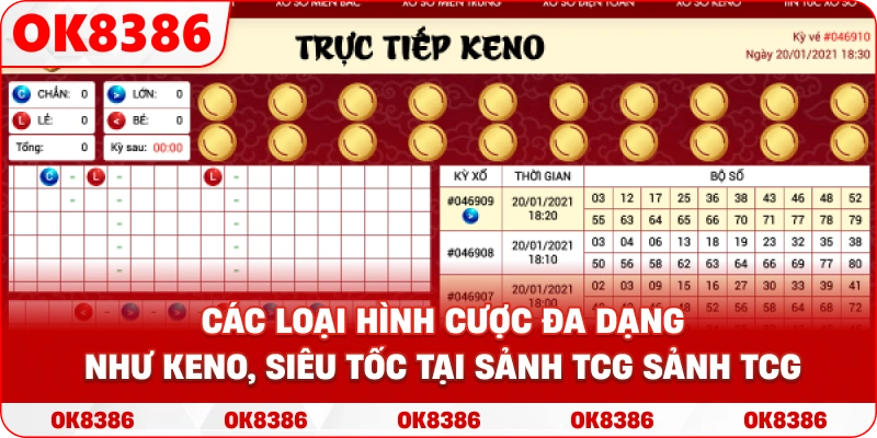 Hình ảnh minh họa các loại hình cược đa dạng như Keno, Siêu tốc tại sảnh TCG Hình ảnh minh họa các loại hình cược đa dạng như Keno, Siêu tốc tại sảnh TCG